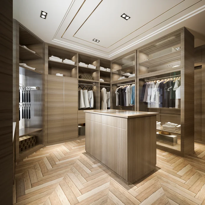 Custom-designed walk-in closet with optimized storage solutions